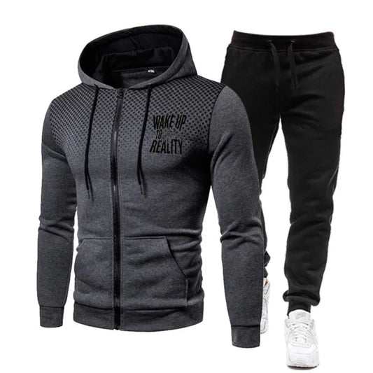 Men's Jacket Set Black Red Gradient Printed Wake Up Reality Text Hoodie Zipper Sweatshirt for Casual Outdoor Sport Wear