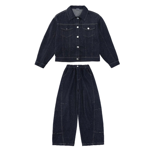 teen girls cowboy clothes set Design denim jacket+Wide leg jeans 2pcs junior kids pants suit child outfits vetement enfant fille