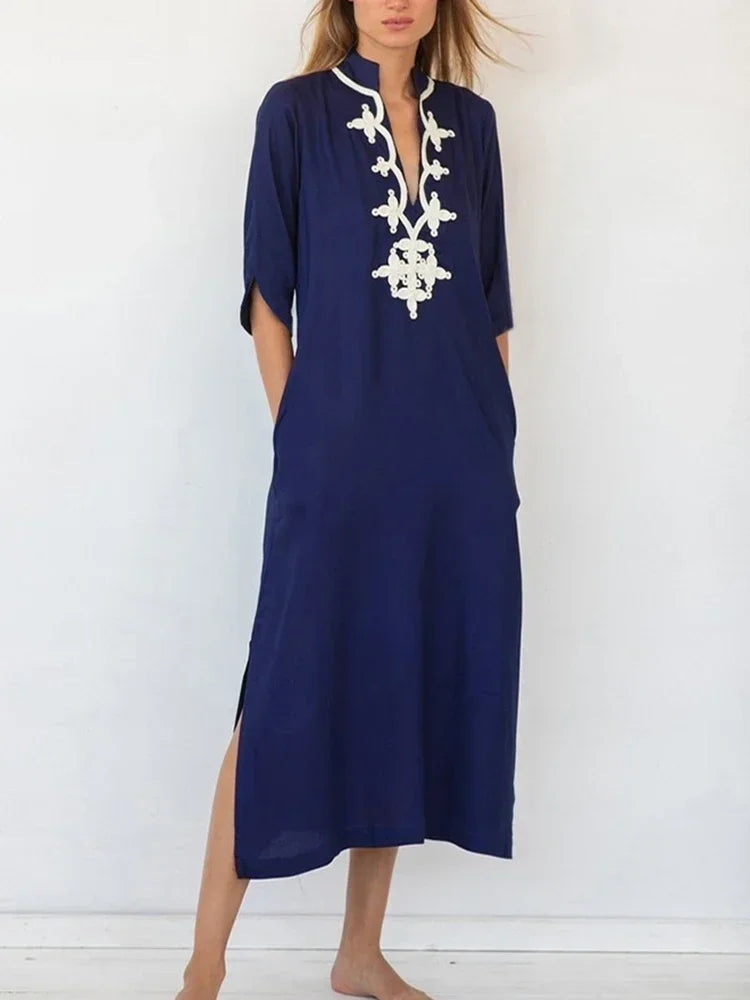 Cover-up Caftan Maxi Dress 2024 Robe De Plage Embroidery Beach Cover Up Women Kaftan Dress For Women Pareo Tunic For Swimwear