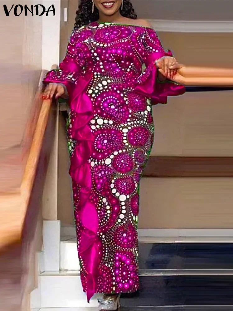 Plus Size 5XL VONDA 2025 Summer Off Sholuder Maxi Dress Women Bohemian Ruffled Printed Vestidos Fashion Casual Floor-Length Robe