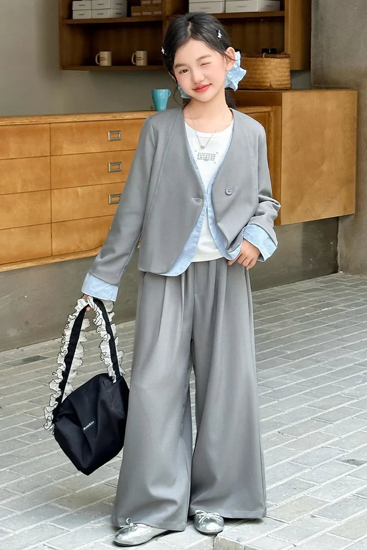 vetement enfant fille teen girls suit set Color blocked suit jacket+wide leg pants 2 junior kids gray clothes sets child outfits