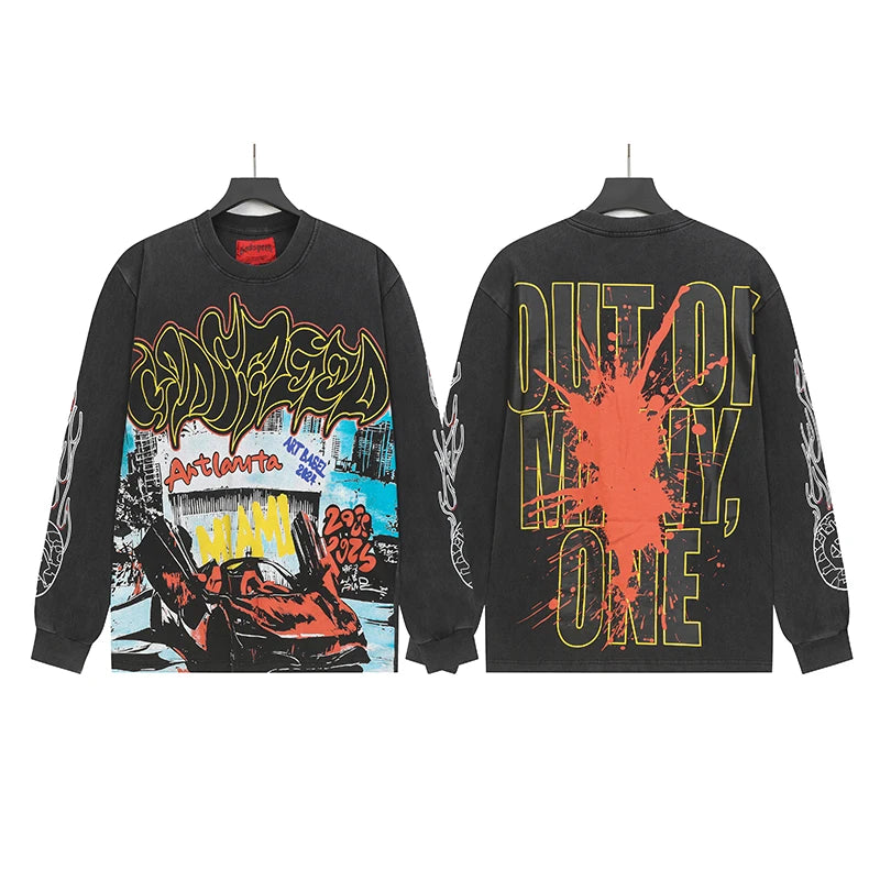 Vintage Washed Godspeed Long-sleeved T-shirts Rock Roll Tee Skull Racing Driver Print Loose Streetwear Tops Men Women