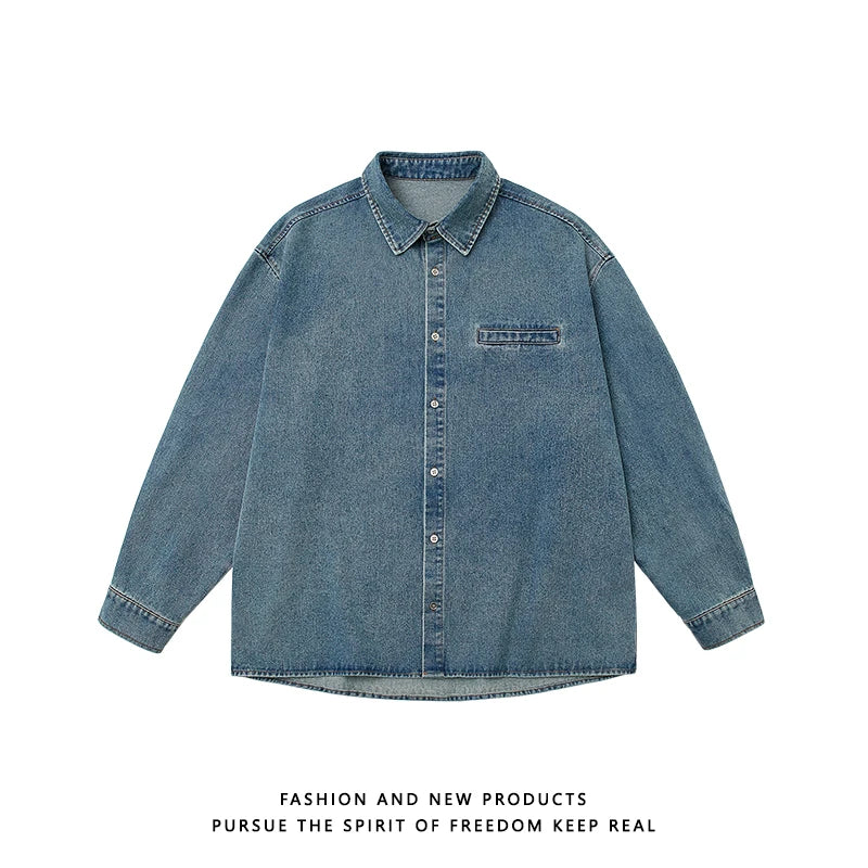 Men's Unisex Vintage Washed Denim Shirt | Oversized Streetwear Jacket | Cotton-Rich Relaxed Fit Layering Essential (M-5XL)