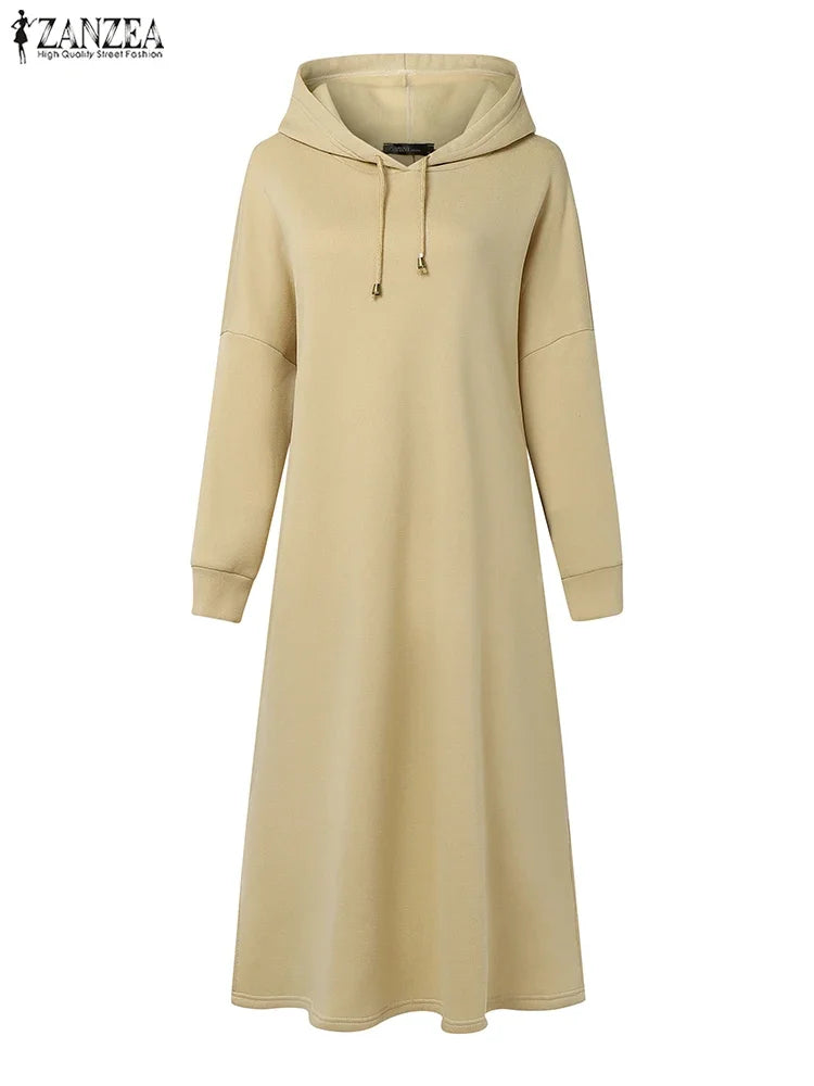 Plus Size 5XL ZANZEA Fashion Sweatshirt Dresses Women Long Sleeve Hooded Robe Autumn Solid Casual Loose Pockets Long Vestidos