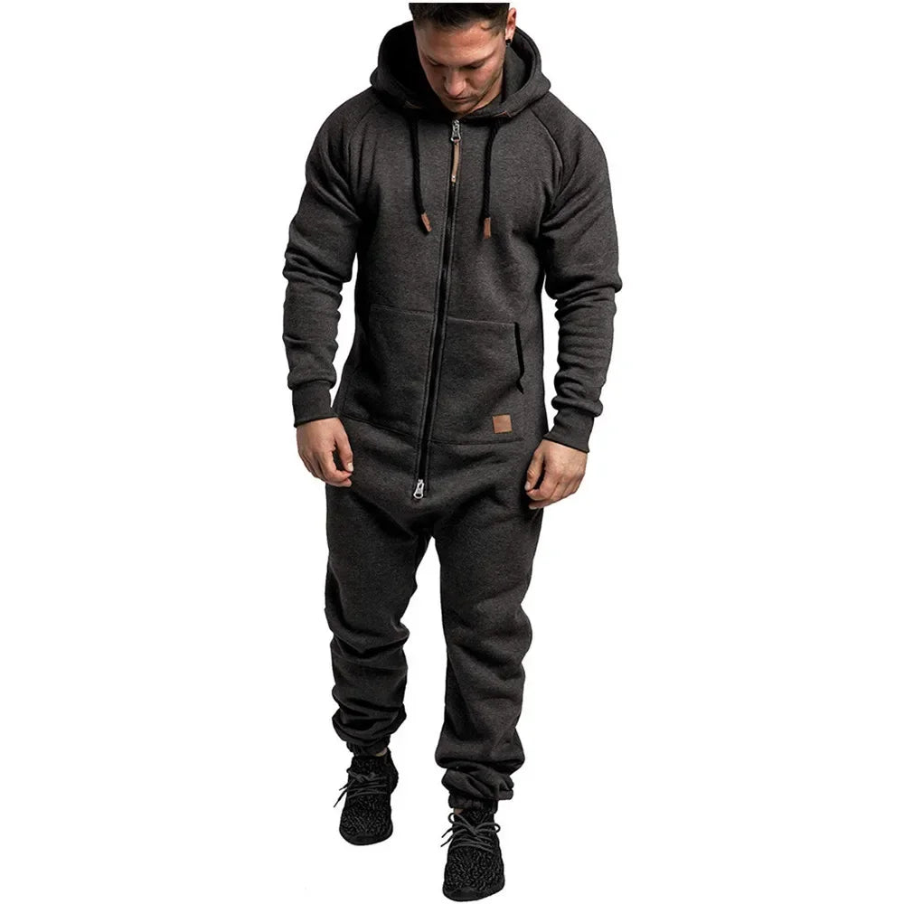 Mens Onesie Jumpsuit Long Sleeve Fleece Sweatpants Pure Color Splicing 2025 Autumn and Winter Casual Hoodie Male Zipper Jumpsuit