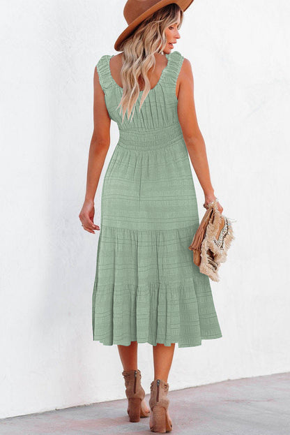 Rose Shirred Pleated Square Neck Sleeveless Midi Dress