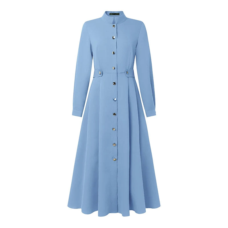 ZANZEA Plus Size Women's Midi Dresses Elegant Casual Mock Neck Long Sleeve Button Up A-Line Long Dress FW Woman Clothing 5XL