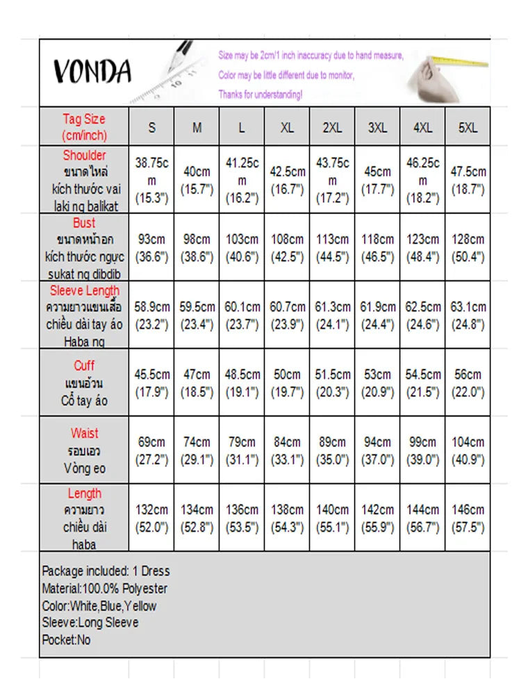 Plus Size 5XL VONDA Women Long Sleeve Robe 2025 Autumn V-Neck Solid Color Maxi Dresses Casual Loose Ruffled Party Work Vestidos