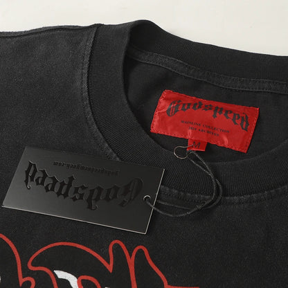 Vintage Washed Godspeed Long-sleeved T-shirts Rock Roll Tee Skull Racing Driver Print Loose Streetwear Tops Men Women