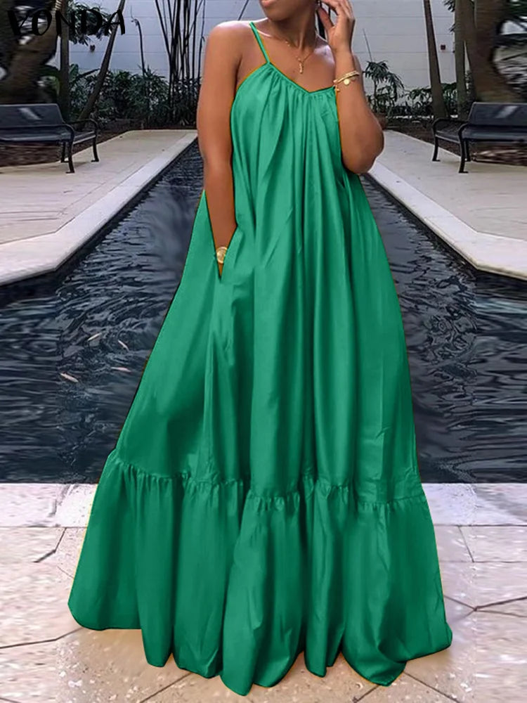 Plus Size Women's Summer Dress Spaghetti Strap Sexy Maxi Sundress 2025 Satin Party Beach Vestido Ruffled Robe 5XL