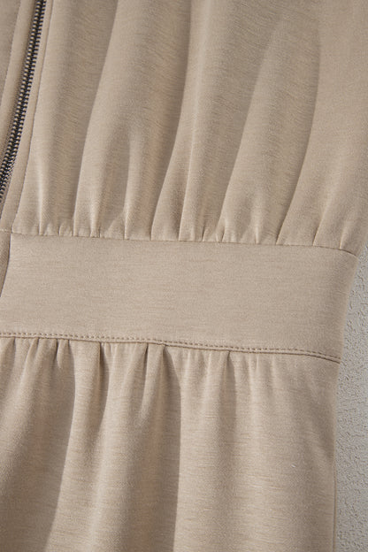 Dark Khaki Solid Color Zip Front Short Sleeve Collared Jumpsuit