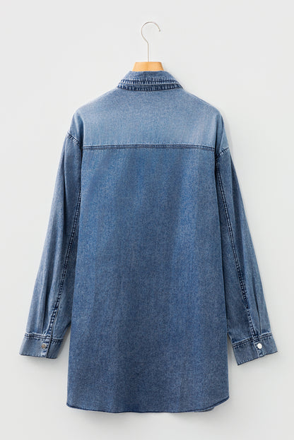 Blue Chest Pocket Raw Hem Denim Loose Shirt Dress