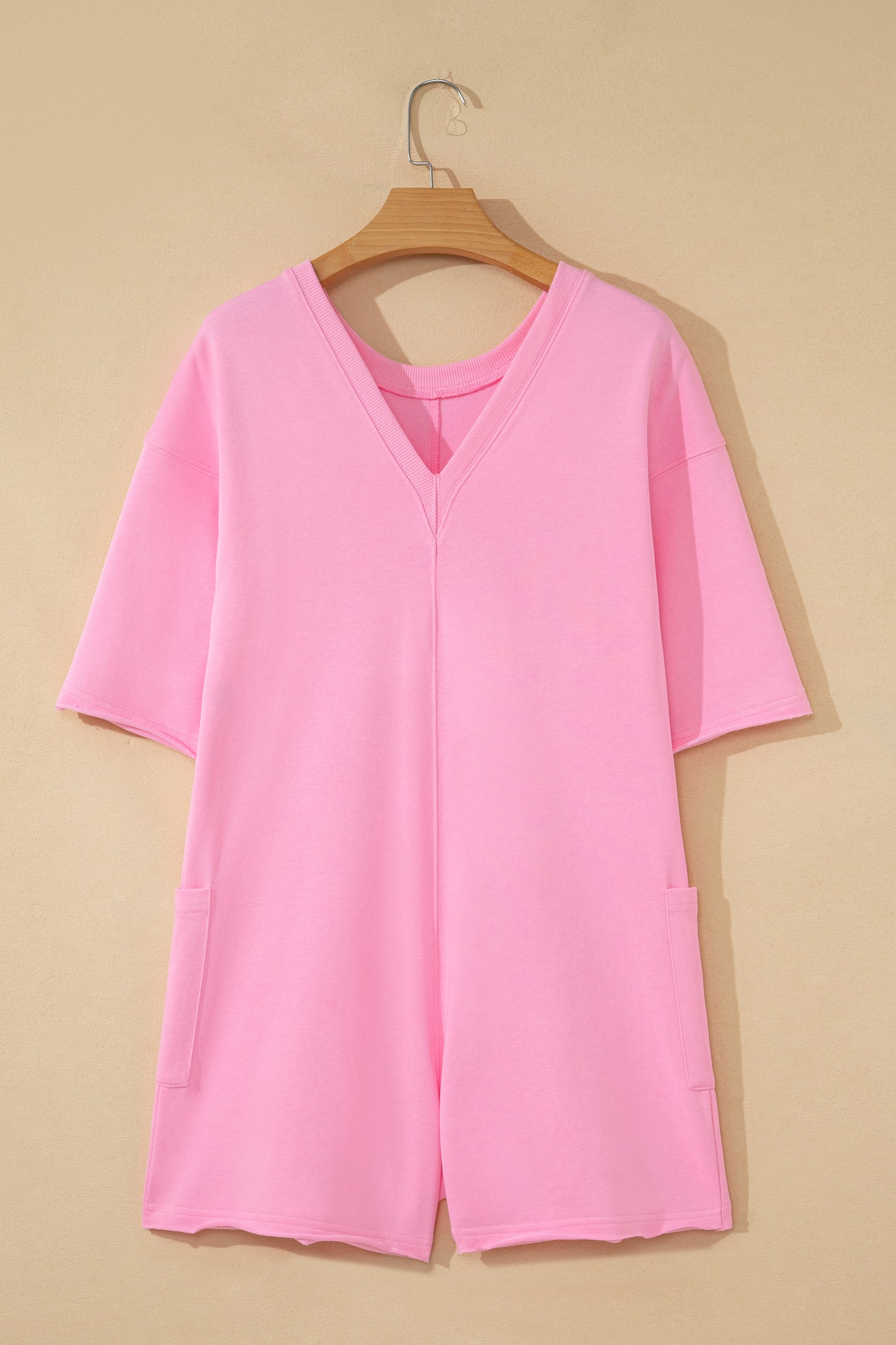 Fiery Red Solid Color Raw Edge Half Sleeve Pocketed Loose Romper