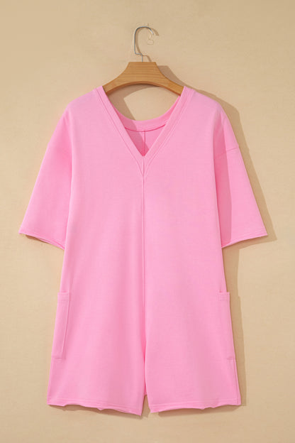 Fiery Red Solid Color Raw Edge Half Sleeve Pocketed Loose Romper
