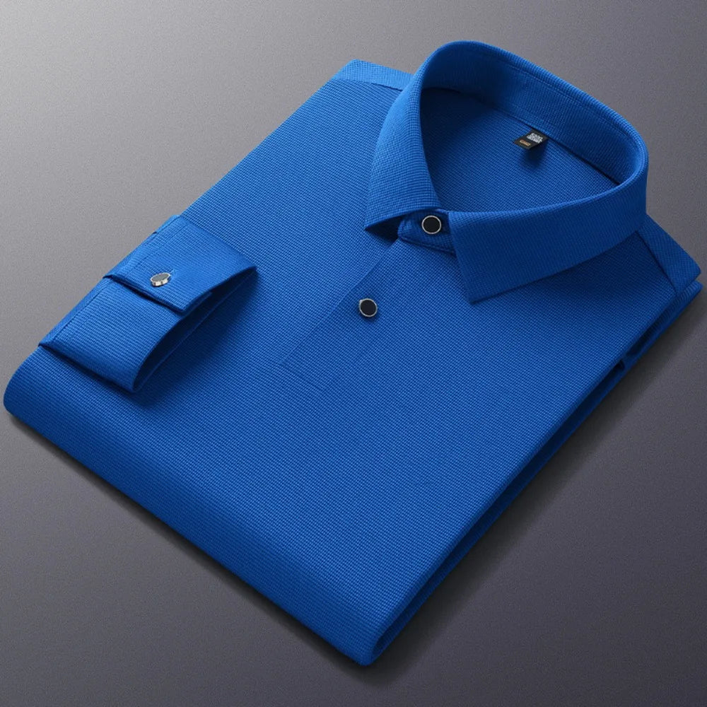 Personalized Seamless High Stretch Men's Polo Shirt Customized Long Sleeved Solid Color No Ironing High-end Vertical T-shirt