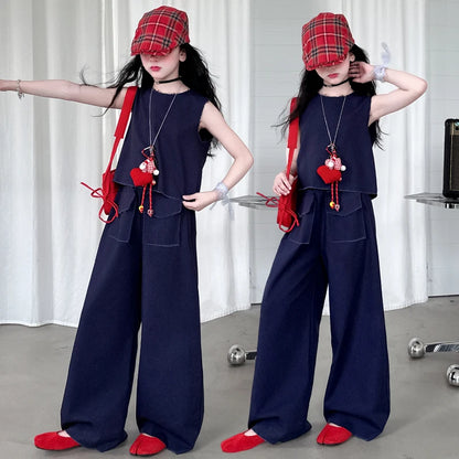 4-14 design teen girl Summer clothes set Hairy denim vest+Wide leg jeans 2pc junior kid pants suit child outfits vetement enfant