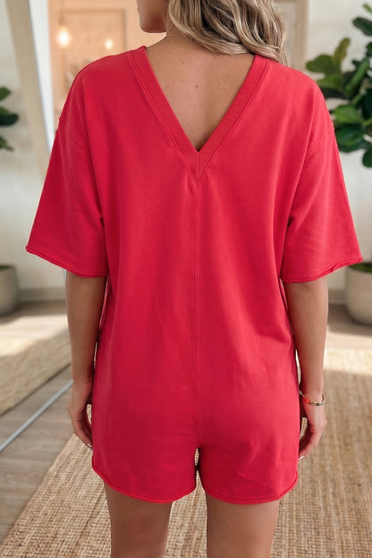Fiery Red Solid Color Raw Edge Half Sleeve Pocketed Loose Romper