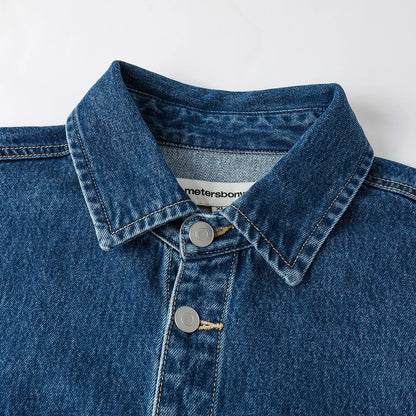 Metersbonwe Men's Vintage Distressed Utility Denim Shirt Jacket Classic Flap Pockets Oversized Fit Outerwear Casual Street Style