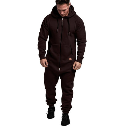 Mens Onesie Jumpsuit Long Sleeve Fleece Sweatpants Pure Color Splicing 2025 Autumn and Winter Casual Hoodie Male Zipper Jumpsuit
