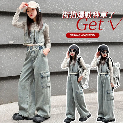 vetement enfant fille denim vest+top t shirt+cargo pants jeans three pcs kids girls clothes sets childer outfits clothing suit