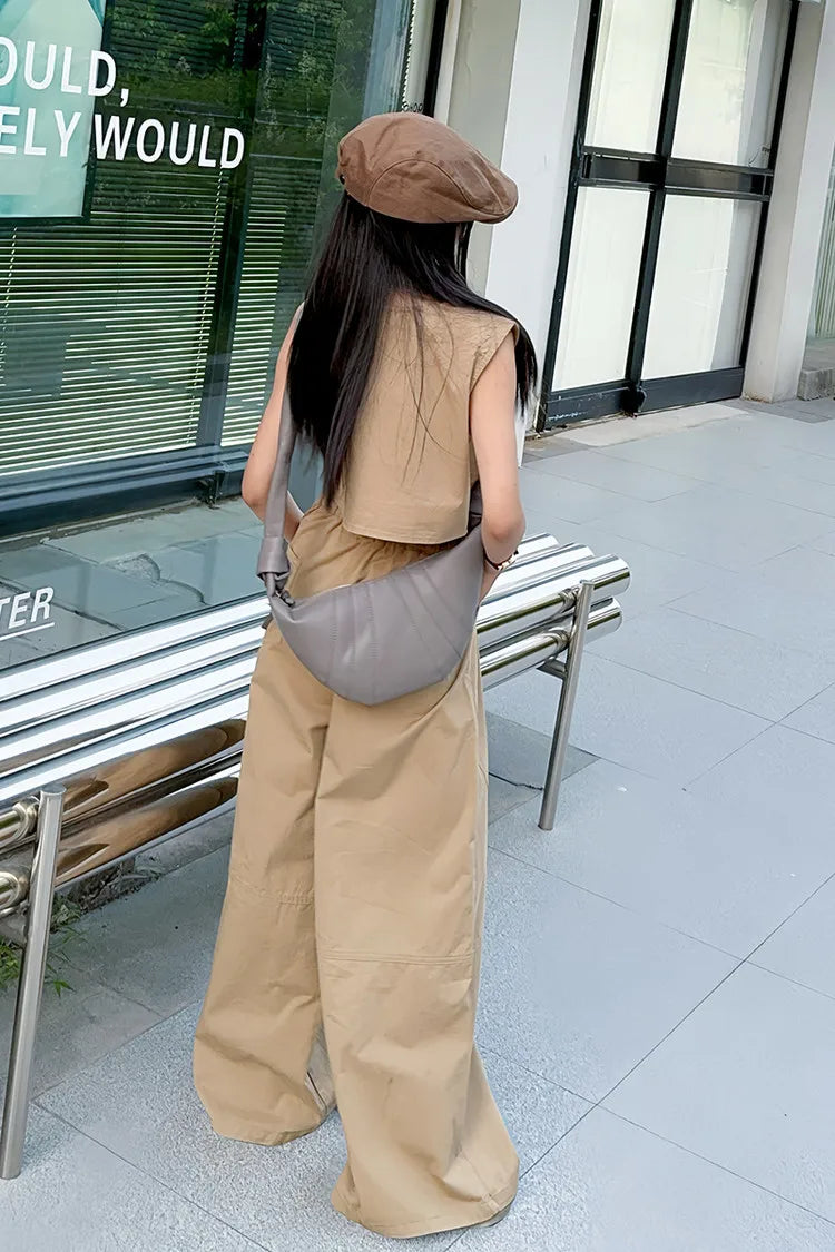 summer teen girl khaki casual clothes suit sleeveless vest top+wide leg 2pcs junior kid suit child outfits vetement enfant fille