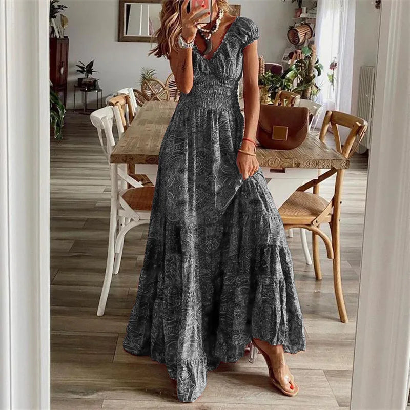 2024 AliExpress Europe and America Plus Size Women's Cross border Summer New Product Bohemian Style Waist Pulling Print Dress