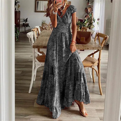 2024 AliExpress Europe and America Plus Size Women's Cross border Summer New Product Bohemian Style Waist Pulling Print Dress