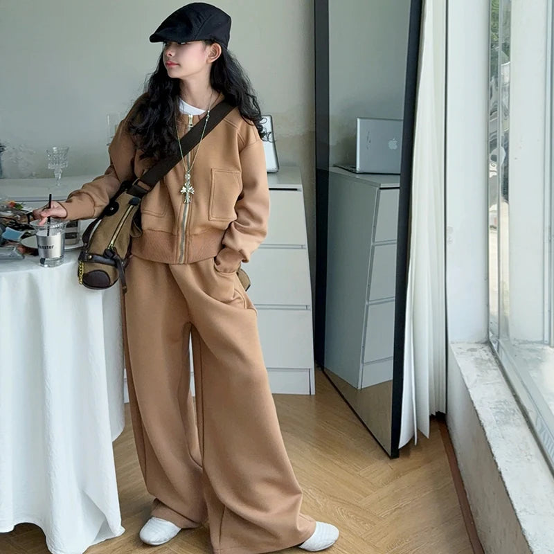 black khaki teen girls casual clothes set Zipper jacket+wide leg pants 2pcs junior kids suit child outfits vetement enfant fille