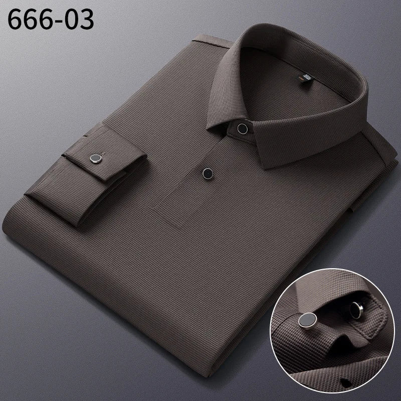 Personalized Seamless High Stretch Men's Polo Shirt Customized Long Sleeved Solid Color No Ironing High-end Vertical T-shirt