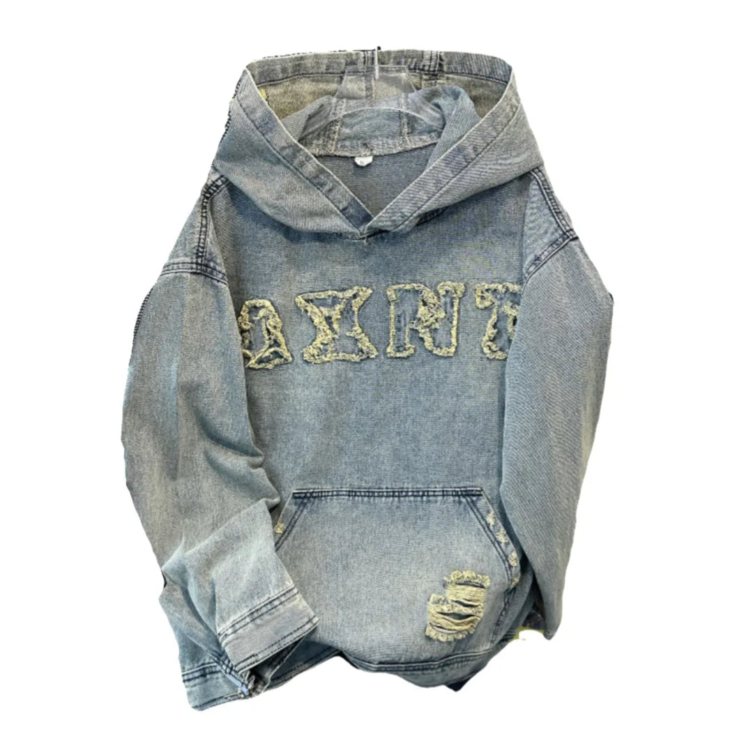 Hip hop Embroidered Denim Jacket for Men Spring Autumn Washed Distressed Loose Hooded Sweatshirt Trendy Coat