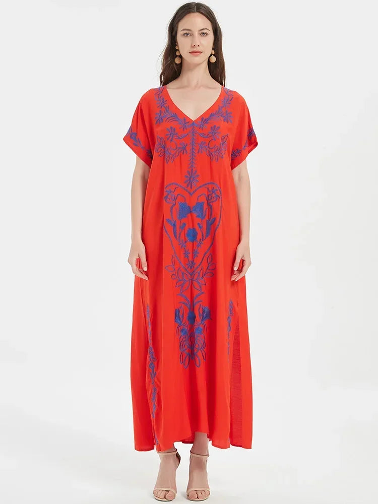 Cover-up Caftan Maxi Dress 2024 Robe De Plage Embroidery Beach Cover Up Women Kaftan Dress For Women Pareo Tunic For Swimwear