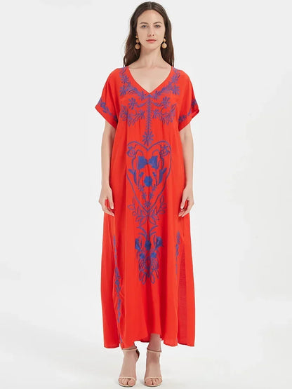Cover-up Caftan Maxi Dress 2024 Robe De Plage Embroidery Beach Cover Up Women Kaftan Dress For Women Pareo Tunic For Swimwear
