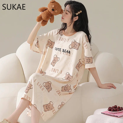 Summer Cute Style Women's Dresses Home Ice Silk Nightgown Plus Size Women's Short Sleeve Round Neck Dress Y2K Dresses