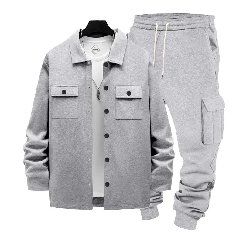 Cross-border winter heavy loose velvet men's outdoor tooling sweatpants thermal jacket two-piece set