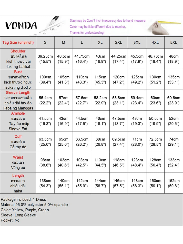 Plus Size VONDA Bohemian Dress 2025 Elegant Women Printing Sundress Vintage Flare Long Sleeve Maxi Vestidos O-Neck Robe Summer