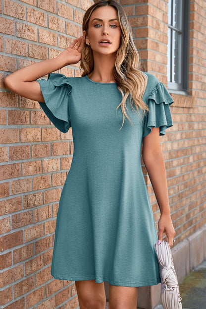 Skobeloff Solid Color Round Neck Double Ruffle Short Sleeve Dress