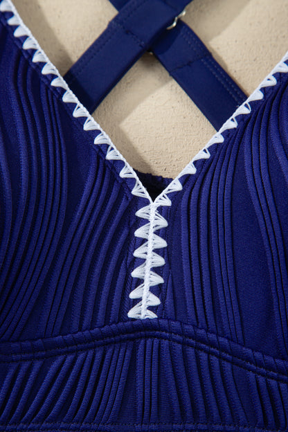 Navy Blue Shell Stitched Trim V Neck Textured Mix and Match High Waist Bikinis