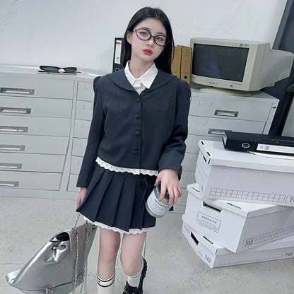 teen girls skirt set college style suit jacket+pleated skirt 2pcs junior kids clothes suit child outfits vetement enfant fille