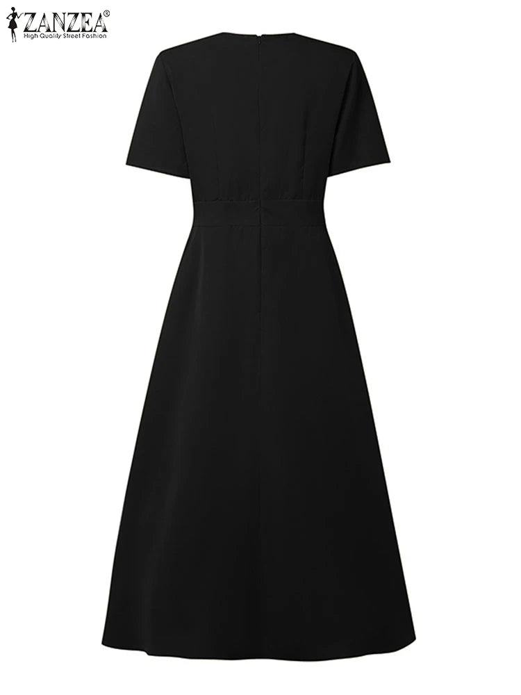 ZANZEA Plus Size Dresses Elegant Party Women Summer Short Sleeve Solid Sundress Waisted Evening Long Vestidos Casual Robe 5XL