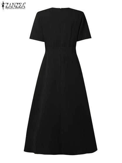 ZANZEA Plus Size Dresses Elegant Party Women Summer Short Sleeve Solid Sundress Waisted Evening Long Vestidos Casual Robe 5XL