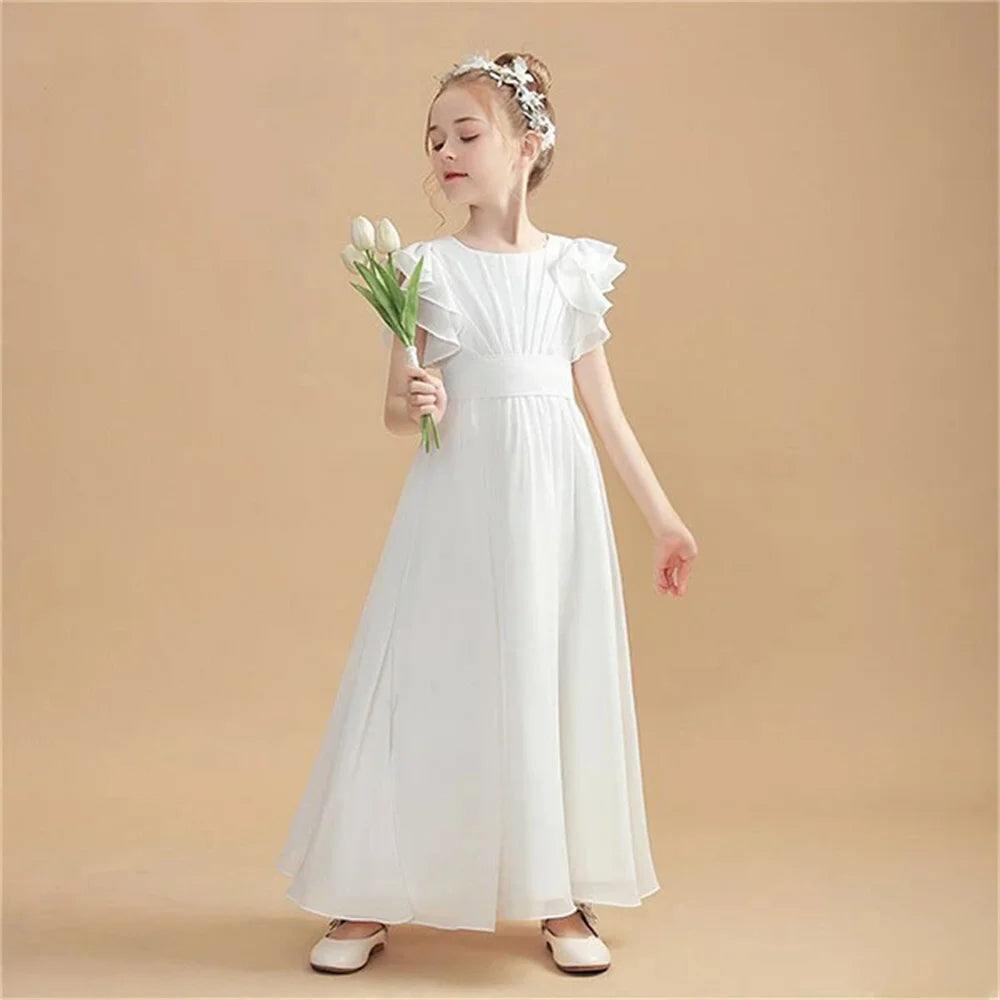 Hot Sale Flower Girl Dress Ruffles Sleeves Quinceanera Dresses Bridesmaid Dress Ruched Chiffon Sash robe de petite fille mariage