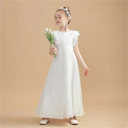 Hot Sale Flower Girl Dress Ruffles Sleeves Quinceanera Dresses Bridesmaid Dress Ruched Chiffon Sash robe de petite fille mariage