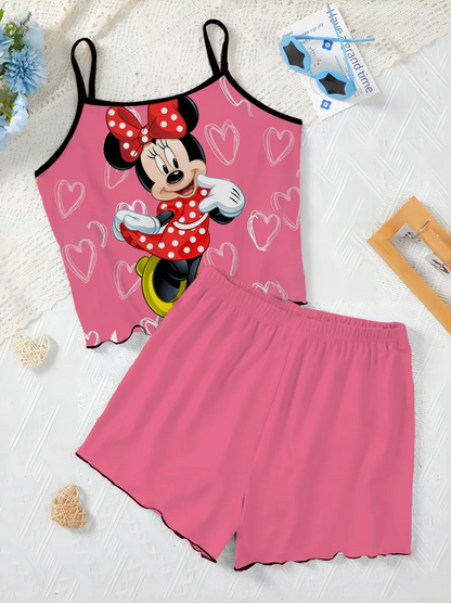 Ensemble T-shirt et Jupe de Pyjama Élégants pour Femme, Garniture en Laitue, Robe à Glisser, Haut Disney, Minnie Mouse, Pièces C
