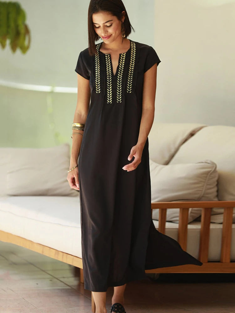 Black Beach Dresses Kaftans for Women Gold Embroideried Tunic Bikini Cover Up Short Sleeve Elegant Robe Bathing Suit Cover-ups