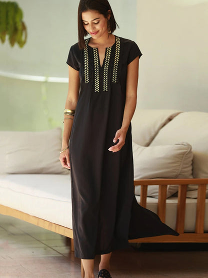 Black Beach Dresses Kaftans for Women Gold Embroideried Tunic Bikini Cover Up Short Sleeve Elegant Robe Bathing Suit Cover-ups