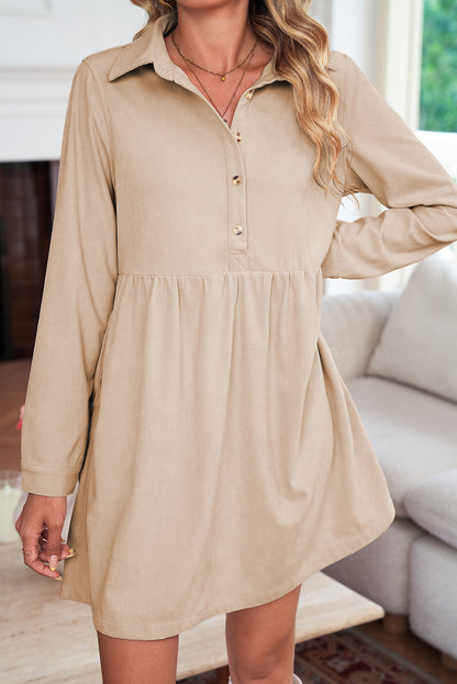 Black Corduroy Half Button Collared Long Sleeve Mini Dress