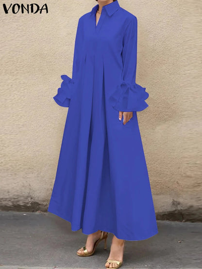 Plus Size 5XL VONDA Women Elegant Shirt Dress Ruffle Pleated Maxi Long Dress 2025 Casual Loose Solid Sundress Long Sleeve Robe