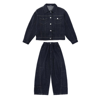 teen girls cowboy clothes set Design denim jacket+Wide leg jeans 2pcs junior kids pants suit child outfits vetement enfant fille