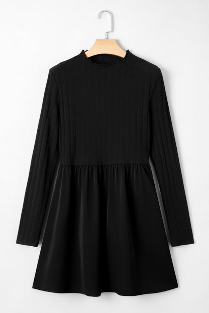 Red Dahlia Frilled Neck Ribbed Knit Patchwork Long Sleeve Mini Dress