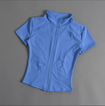 Summer Solid Zipper Slimming Coat Women Short Sleeve Stand Collar Cycling Running Tops Female Gym Sports Workout Clothes Street